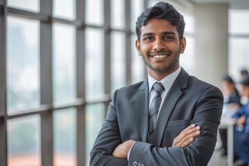Successful Indian male businessman. Portrait of attractive young Indian man in business suit and tie standing against modern office background smiling looking at camera