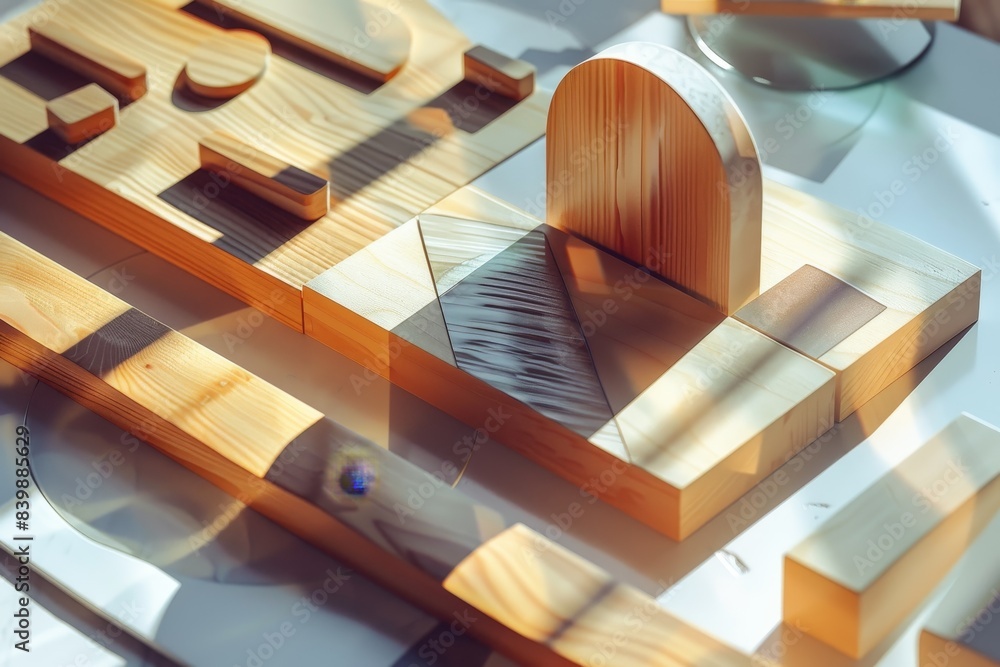 Poster a wood grain patterned background with a variety of wooden shapes and objects