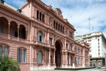 View of Casa Rosada (Pink House), the executive mansion and office of the President of Argentina and located in the historic center of the federal capital city of Buenos Aires.