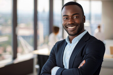 Fototapeta premium Successful black male businessman. Portrait of handsome young black man in business suit standing against large windows with cityscape and smiling looking at camera