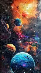 Naklejka premium Vibrant cosmic painting with planets - This vertical image features a hand-painted cosmic scene with colorful planets and stars The artwork exudes a sense of wonder