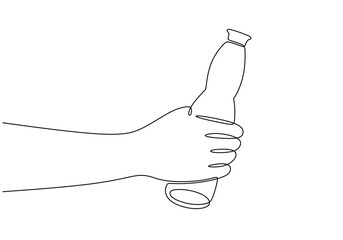 Hand holding water bottle continuous line drawing. Sport, fitness, gym and health care concept.