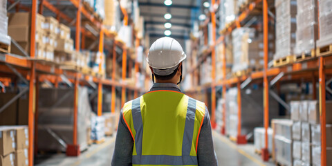 段ボールが棚に積まれた明るい物流倉庫内でヘルメットと反射ベストを着た管理者の後ろ姿