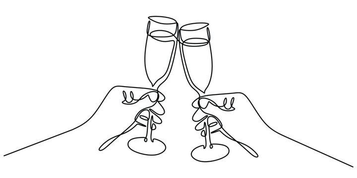 recommend clip art: Hands hold wine clinking glasses continuous line drawing. Decoration, holidays and romantic concept.