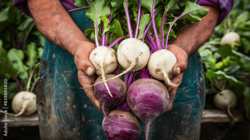 Wall mural farmer holding purple beets and white turnips generative ai