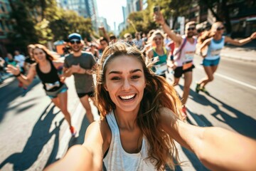 a photo of happy woman taking selfie with other people running in marathon
