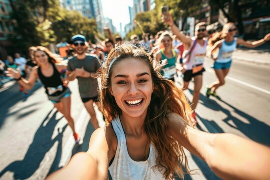 a photo of happy woman taking selfie with other people running in marathon
