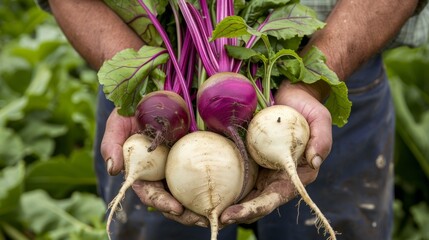 farmer holding purple beets and white turnips generative ai