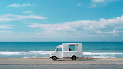 mock up clean white food truck, stopped on the side of the road near the beach, with calm sea waves and blue sky, Ai generated Images