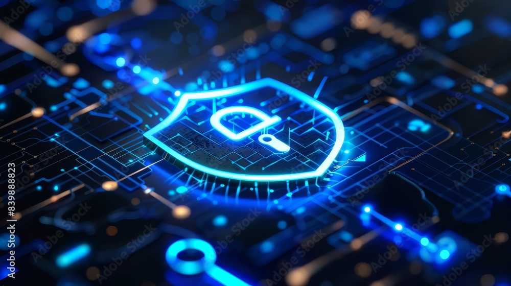 Poster cyber security concept with shield icon - digitally rendered blue shield with a lock symbol hovering