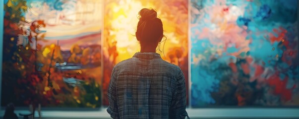 Woman Silhouetted Viewing a Masterpiece in a and Creativity Concept