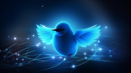 A stunning glowing blue bird with illuminated wings in a dark, mystical background surrounded by light particles.