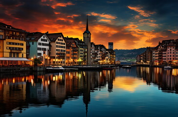 Obraz premium the city skyline of dubai on a lake, generative ai