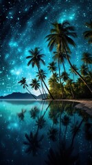 Tropical paradise night , stars , glowing palmtrees, generative ai