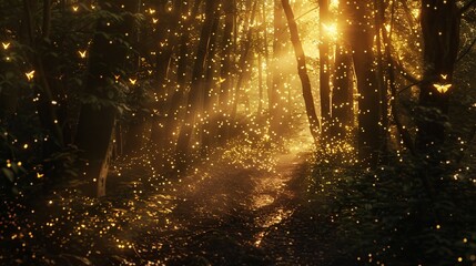 Enchanted forest with fireflies and golden light, cinematic still