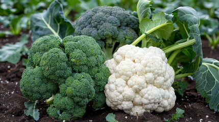heads of green broccoli and white cauliflower arranged on the ground generative ai