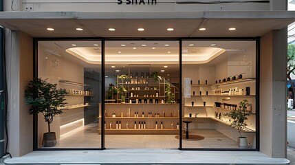 front store of cosmetics products in a very elegant and minimalistic design : Generative AI