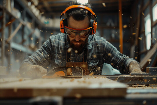 Close up of a man working with carpentry in an indoor workshop, wearing safety glasses