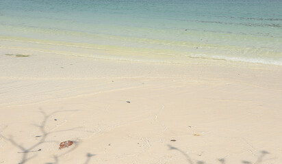 Beautiful scenery and sand beach with sea waves. Clear water of sea waves on the beautiful beach. Beautiful blue sea and relaxing beach coast.