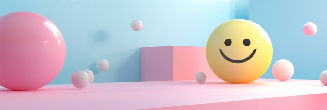 Pastel background with smiley face emoji, 3D rendering