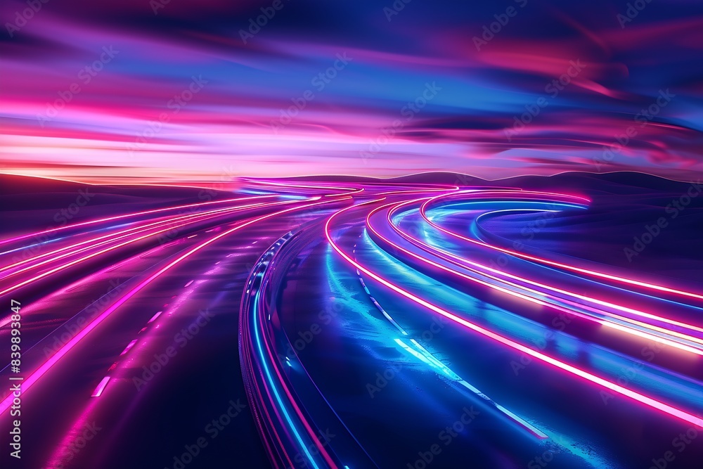 Poster colorful road with neon lights, in the style of smooth and curved lines : generative ai