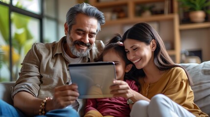 Portrait of a happy Peruvian Latin family with Peruvian little daughter using a digital tablet : Generative AI