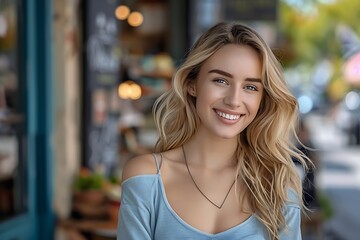 Obraz premium smiling pretty blonde business owner in front of a small town shop : Generative AI