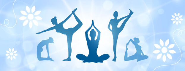 international yoga day event banner woman in different asana