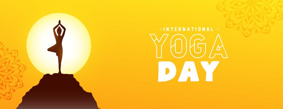 international yoga day morning banner woman doing surya namaskar on mountain