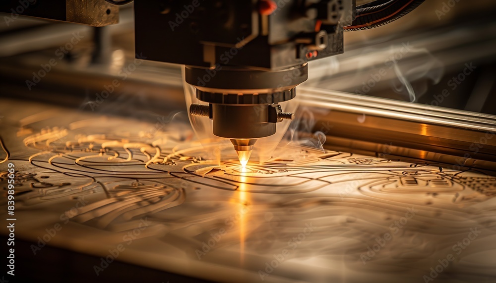 Poster a laser machine engraving a design on a piece of wood with the laser beam showing. : generative ai