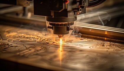 a laser machine engraving a design on a piece of wood with the laser beam showing. : Generative AI