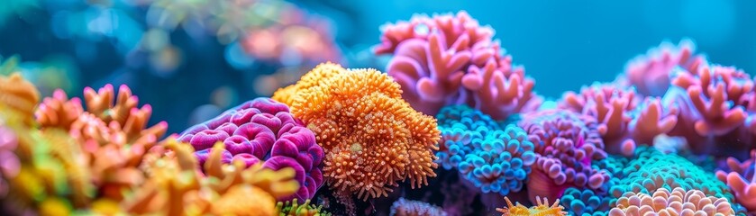 Obraz premium A colorful coral reef with pink, yellow, and orange coral. The colors are vibrant and the reef is full of life