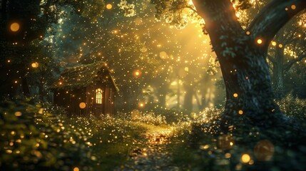 Enchanting forest scene with a solitary hut, sparkling particles floating around, global vision perspective, raw photography style