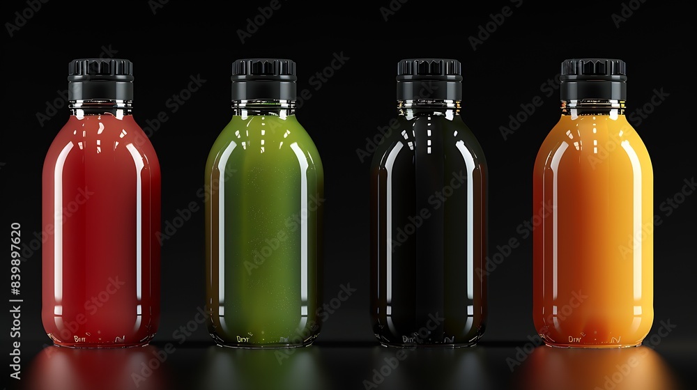 Poster 4 juice bottles with black label no name : generative ai