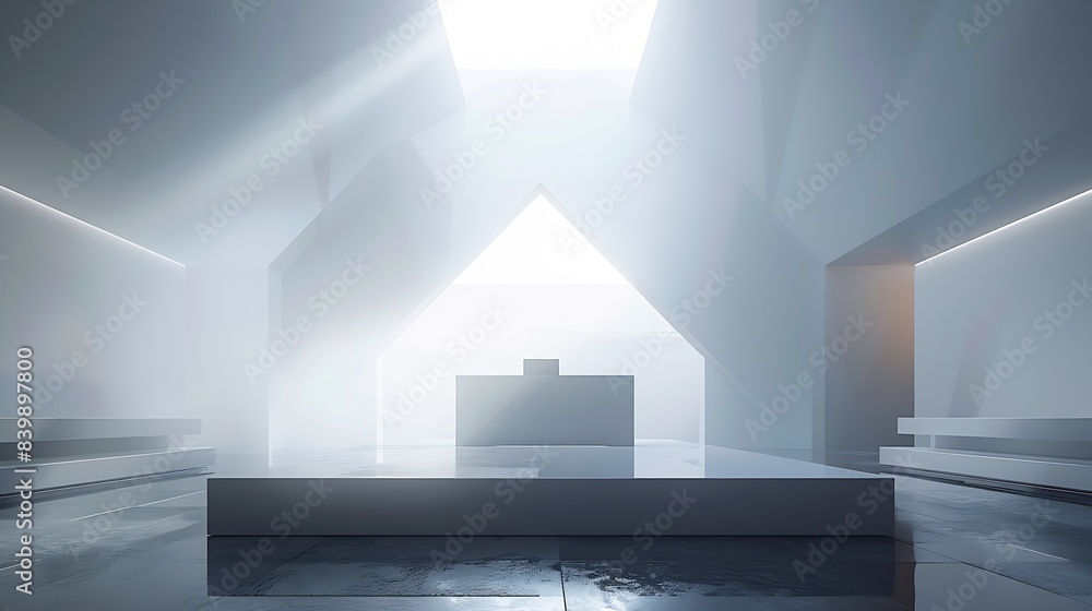 Aufkleber A large space with a triangular structure. In the center is a square podium. On top of the podium is a laptop. : Generative AI