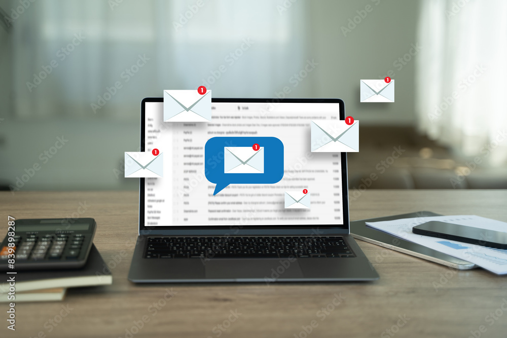 Poster man reading e-mail on smartphone email inbox and email with laptop on internet information from spam