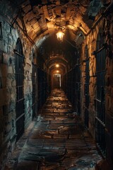 Fototapeta premium A long, narrow room with a lot of pillars and a lot of light. The room is very dark and empty