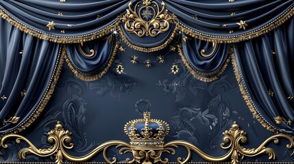 Regal Navy and Gold Heraldic Tapestry Background with Ornate Elements