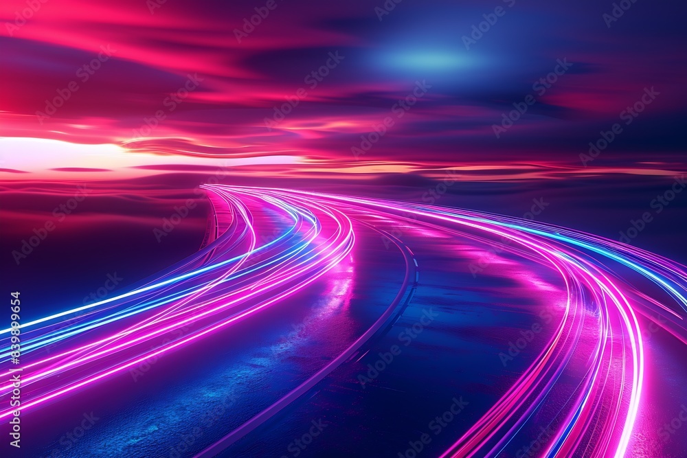 Poster colorful road with neon lights, in the style of smooth and curved lines : generative ai