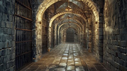 Fototapeta premium A long, narrow room with a lot of pillars and a lot of light. The room is very dark and empty