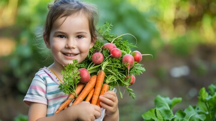 boy holding a bunch of orange carrots and red radishes with green leaves generative ai
