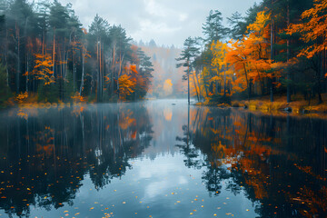 Naklejka premium A serene and surreal lake with reflections of trees, creating a tranquil and calming atmosphere. Suitable for nature, relaxation, and scenic use.