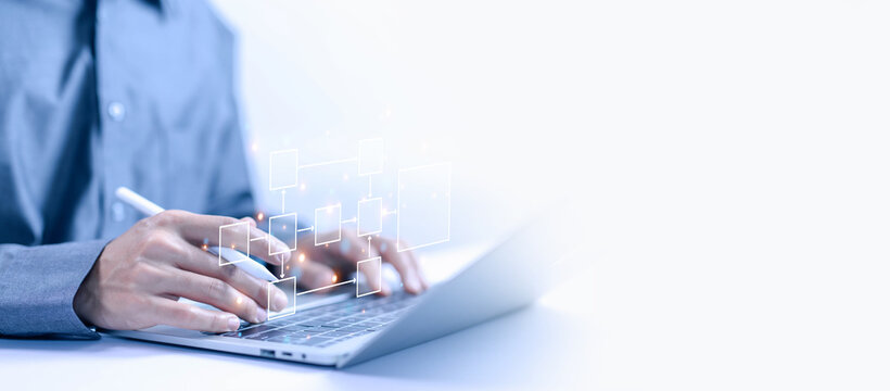 design workflow automation with flowcharts in computer laptop. diagram algorithm flow, model work structure digital, hierarchy scheme. business process and data management organigram