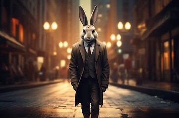 rabbit dressed up suit is standing street, generative ai