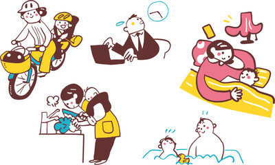 幼い子供を育てながら生活する若い夫婦　モノクロセットのイラスト素材
