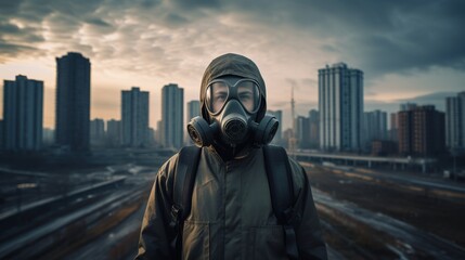 A man wearing a gas mask and a backpack stands in front of a city skyline. Concept of danger and uncertainty, as the man is prepared for a potential disaster or emergency