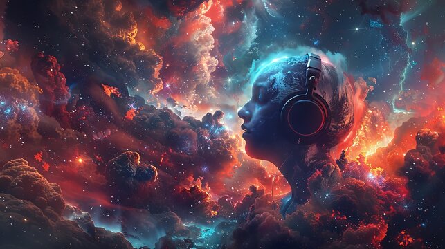 Digital art of Earth wearing headphones, set in a vivid cosmic scene, blending music and futuristic space elements