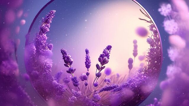 Beautiful sunny lavender in circe frame with flying fireflies.	
