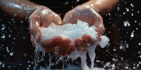 Fashion commercial. Hands soaked in soapy foam water with splashing bubbles drops on dark background. Shampoo facial skin care product ads. Copy text space, women's skin care product marketing backgro