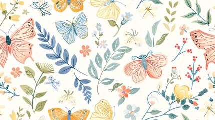 Delicate hand-drawn butterflies, flowers, and leaves in pastel colors, seamless pattern